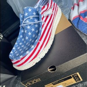 Hey Dudes Red White Blue new in box never worn ladies size 10 mens size 8